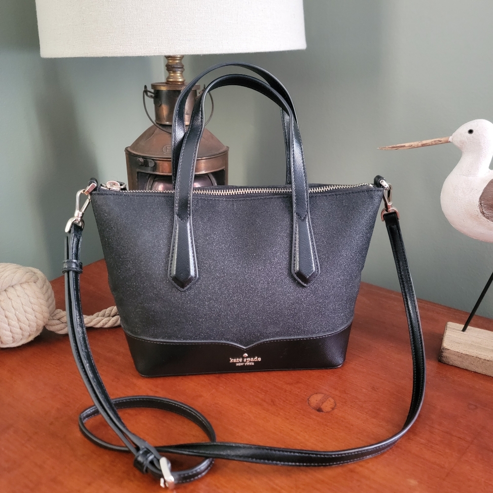 Kate Spade Lola WKRU0159 Black Glitter Satchel Crossbody Bag